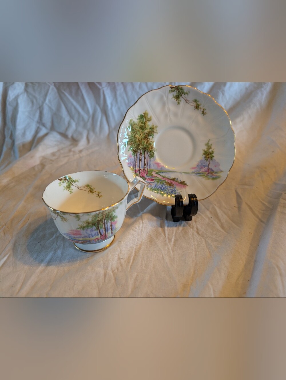 2/30$ Porcelain Teacup and Saucer Set in White with Pastel Landscape